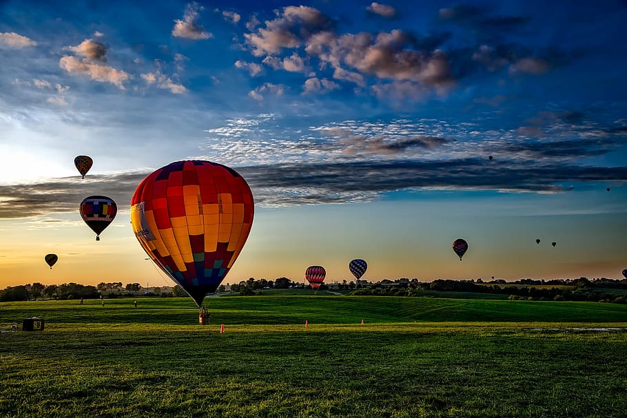 hot, air balloon lot, sunset, hot air balloons, sky, clouds, sunrise, takeoff, iowa, landscape