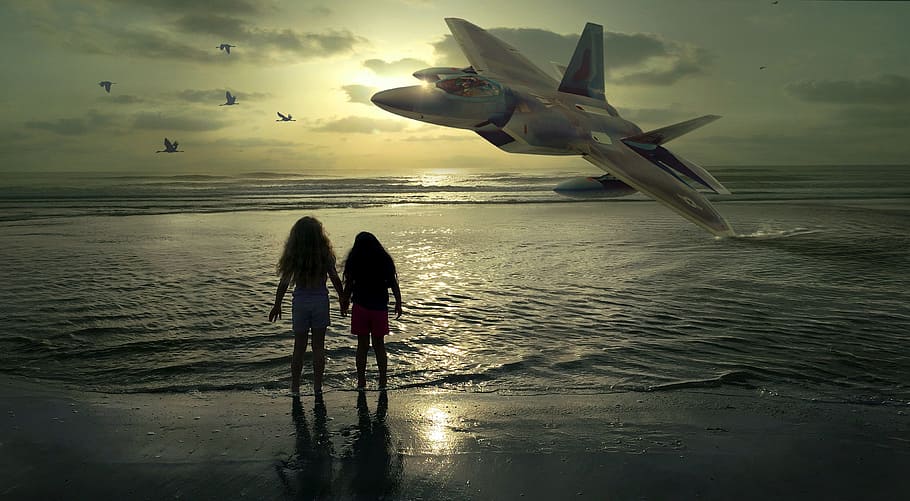 silhouette, women, standing, shore, sunset, beach, girl, aircraft, fighter jet, bomber