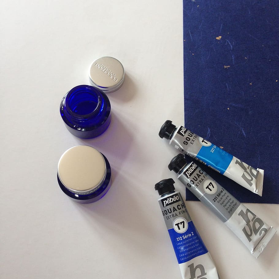 biru, tinta, cat, kertas, amplop, seni, kesehatan dan obat-obatan, dalam ruangan, tampilan sudut tinggi, semprot