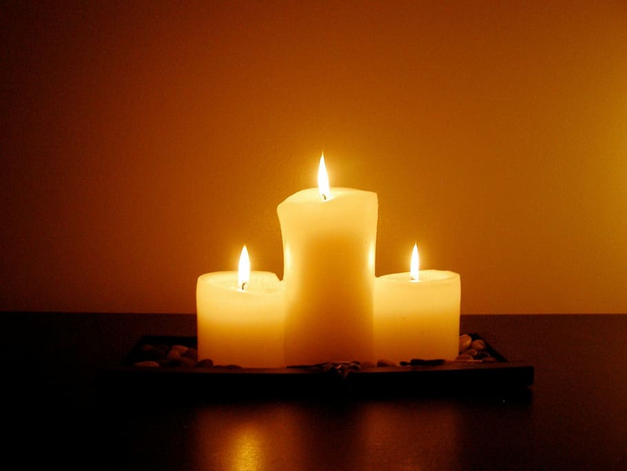 three white candles, meditation, candlelight, dim, flame, fire, night, dark, burning, light