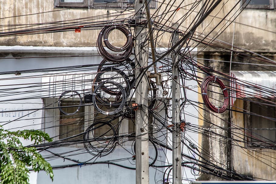 cabo de alimentação, fios emaranhados, emaranhado, cabo, linha de energia, ninguém, arquitetura, tecnologia, conexão, eletricidade