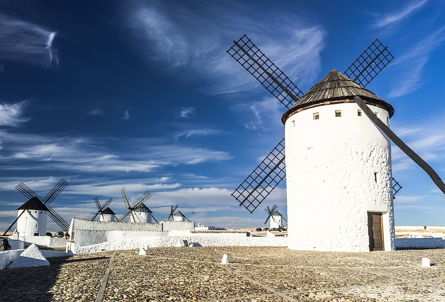 white, windmills, blue, sy, mill, wind, grind, tourist, tourism, windmill