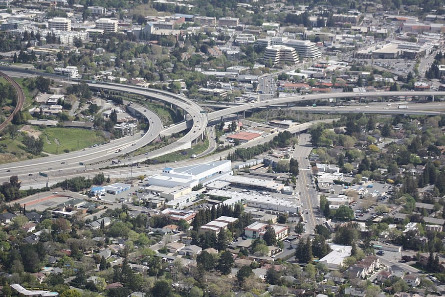 Freeway, Overpass, Suburbia, Traffic, way, aerial, architecture, city, cityscape, building