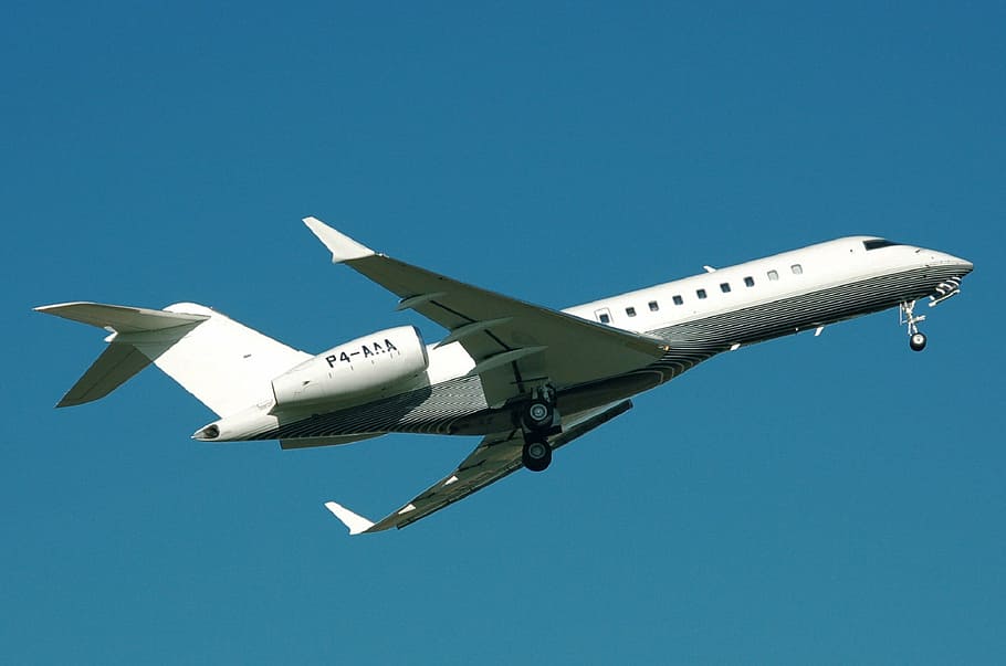 white, black, airplane, flight, bombardier global express, aircraft, take off, private, jet, plane
