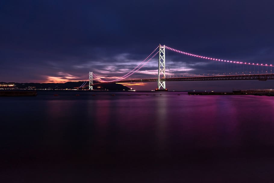 landscape, long exposure, the akashi-kaikyo bridge, world long suspension bridge, architecture, afterlight, illumination, pink, purple, akashi kaikyo