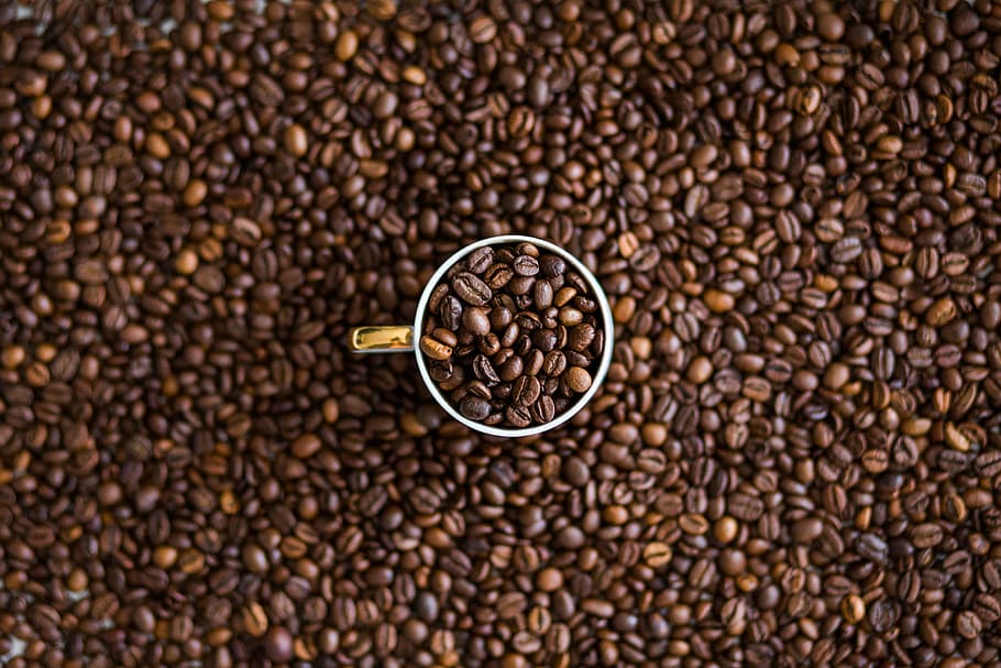 biji kopi, mug, kopi, kacang, gelas, cangkir, tekstur, biji kopi panggang, kopi - minuman, biji kopi mentah