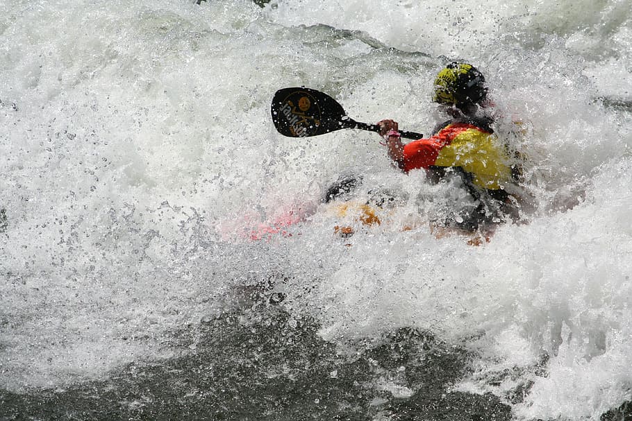 person, riding, boat, holding, paddle, white water, kayaking, river, sport, extreme