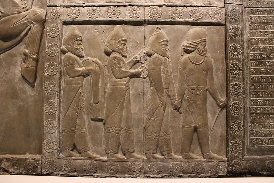 Gris, negro, piedra egipcia en relieve, Asiria, Mesopotamia, Babilonia, Antigüedad, antigua, historia, arcilla