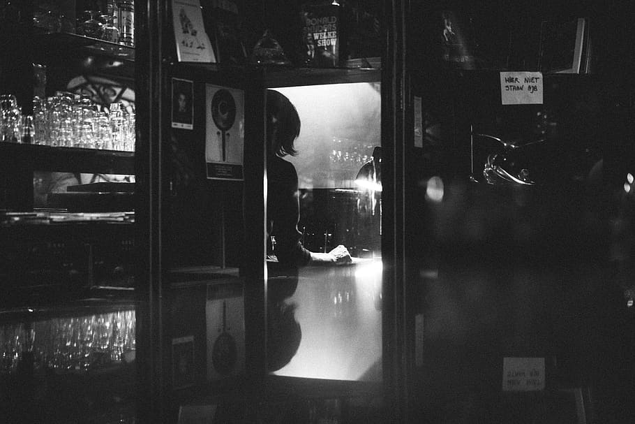 people, bar, monochrome, black and white, restaurant, glass, table, dark, reflection, glass - material