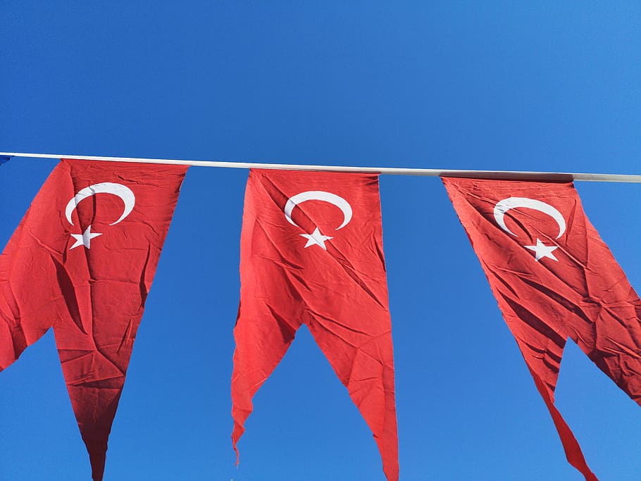 turkish flag, flag, turkish, turkey, red, white, month, stars, sky, fluctuating
