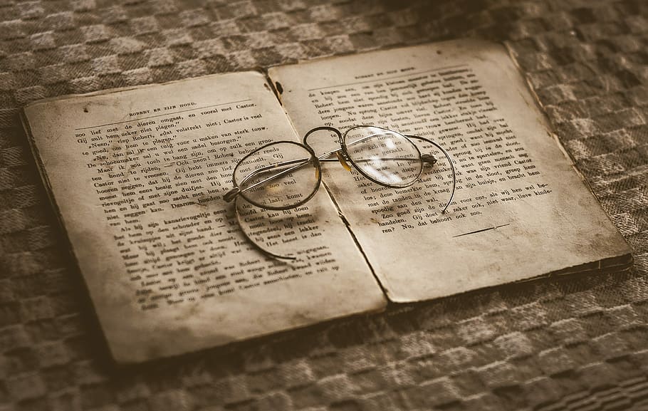 black, frame eyeglasses, white, book page, old, book, glasses, antique, vintage, library