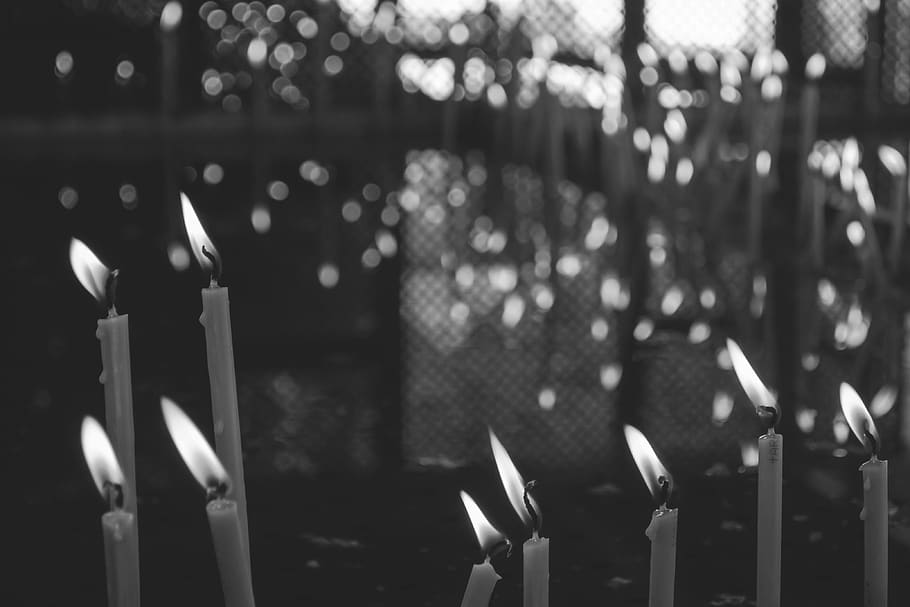 candles, flames, fire, dark, black and white, burning, flame, illuminated, candle, focus on foreground
