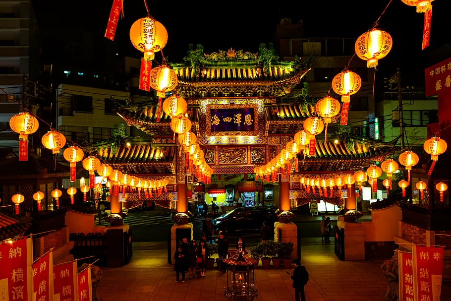 brown, temple, chinese lanterns, yokohama, china town, former town, chinatown, lamp, kanagawa japan, lighting