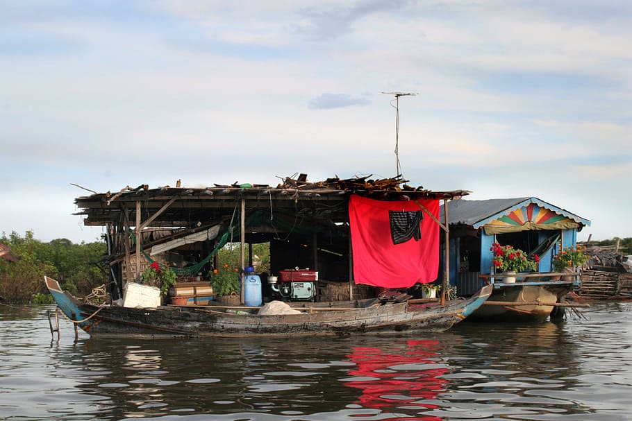 Camboya, flotante, casa, barco, lago, cosechar, savia de tonle, al aire libre, agua, estructura construida