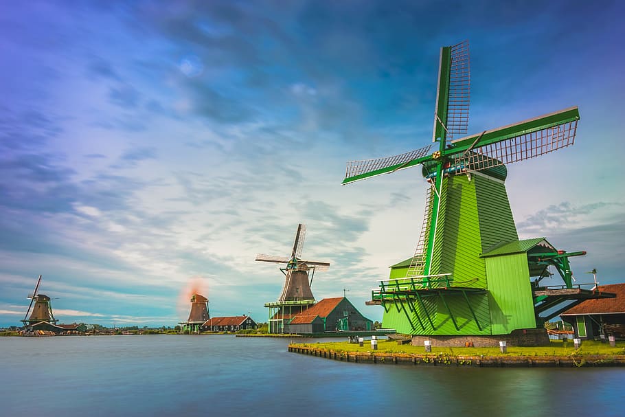 river, Windmills, Holland, nature, landscape, summer, travel, windmill, netherlands, kinderdijk