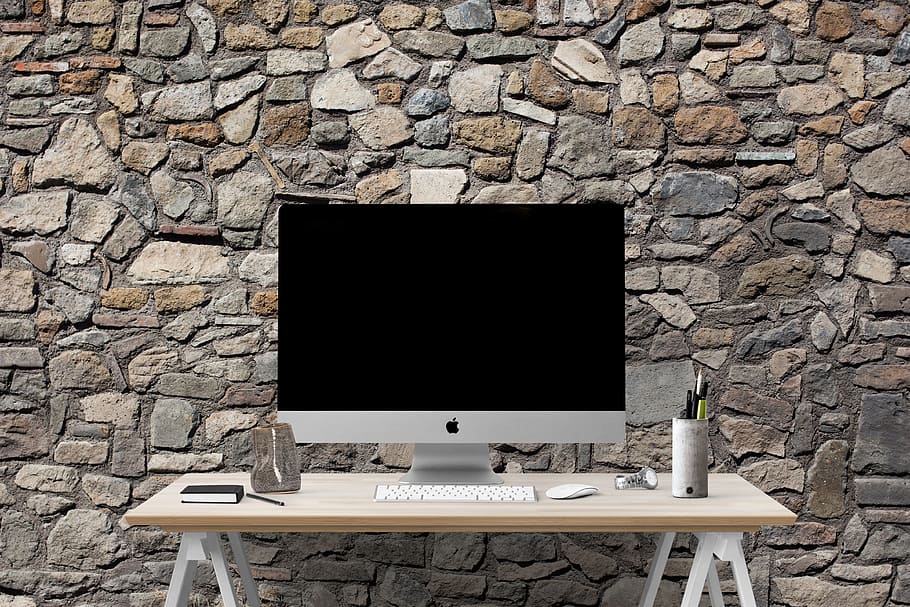 silver imac, top, white, wooden, table, poster, mockup, interior, wall, desk