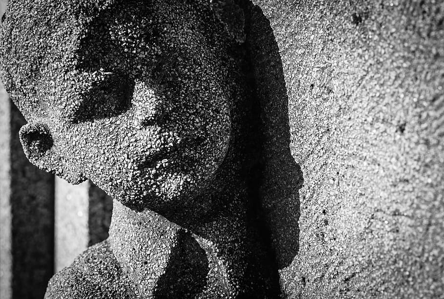grayscale photography, boy statue, Face, Boy, Death, Grave, Cemetery, statue, emotion, city