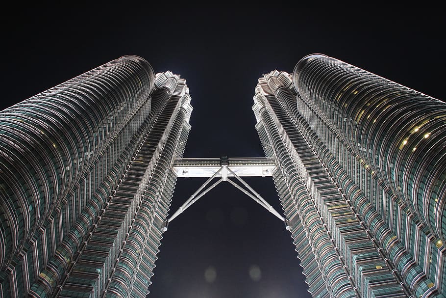 long-angle photography petronas tower, kuala lumpur, night, petronas, malaysia, building, skyscraper, sky, architecture, city