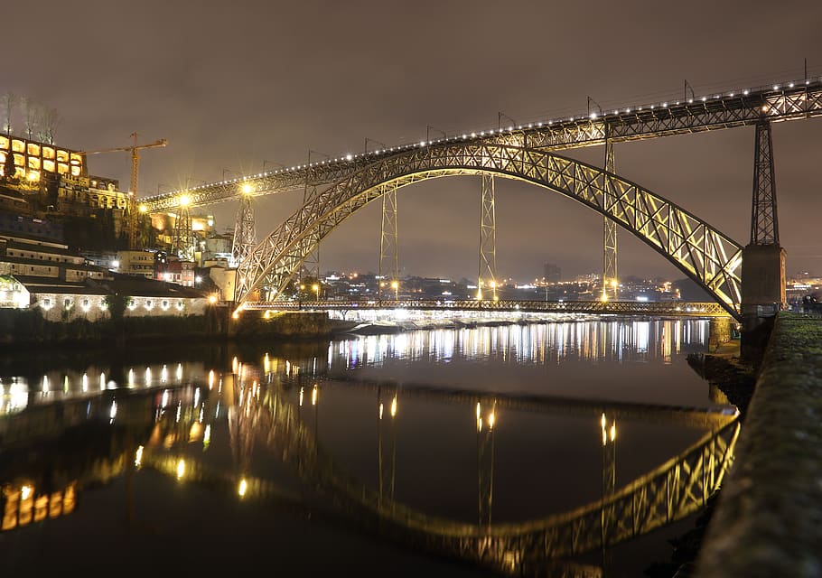 portugal, porto, eifel, bridge, evening, luiz i, water, river, douro, reflection