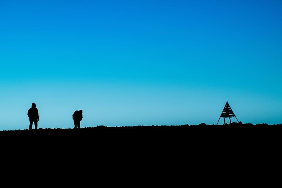 silhouette, two, person, highland, landscape, nature, dark, blue, sky, people
