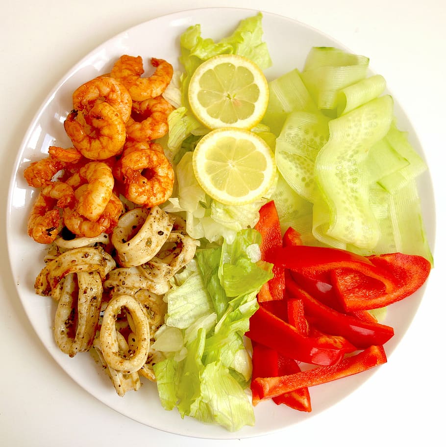 makanan, salad, makanan laut, sehat, udang, cumi-cumi, selada, kesegaran, gourmet, sayur