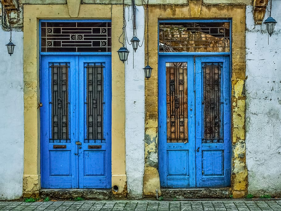 dos, azul, de madera, cerrado, puertas, puerta, entrada, arquitectura, fachada, casa