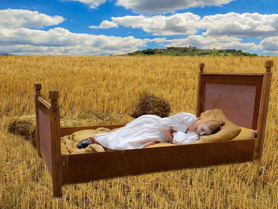 woman, laying, bed, grass field, cornfield, sleep, good night, nostalgia, girl, straw