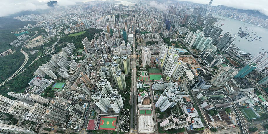 city, landscape, buildings, sky, aerial, fisheye, wide angle, hong kong, town, hongkong