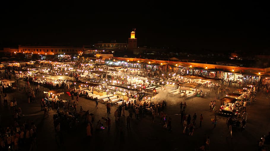 morocco, marrakech, night, square, city, tourist attraction, tourist destination, center, jemaa el fna square, illuminated