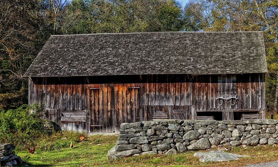 brown, wooden, house, pile, stones, barn, connecticut, scenic, farm, rural