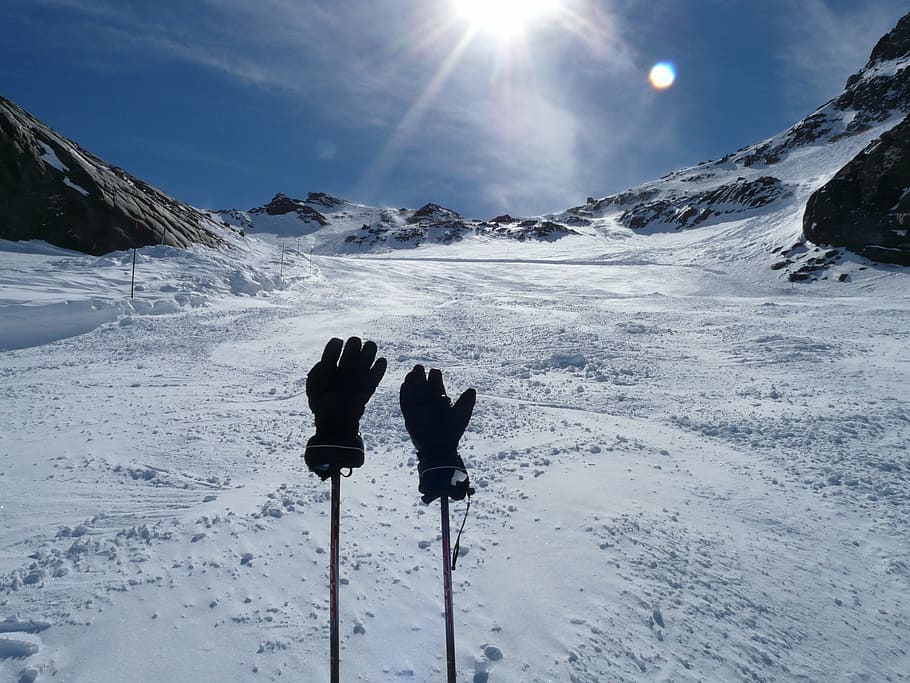 gloves, ski poles, winter, skiing, alpine, mountains, snow, cold, white, cold temperature
