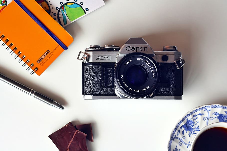 preto, cinza, Câmera Canon, laranja, caderno, clique em caneta, Câmera, Canon, fotografia, espaço de escritório