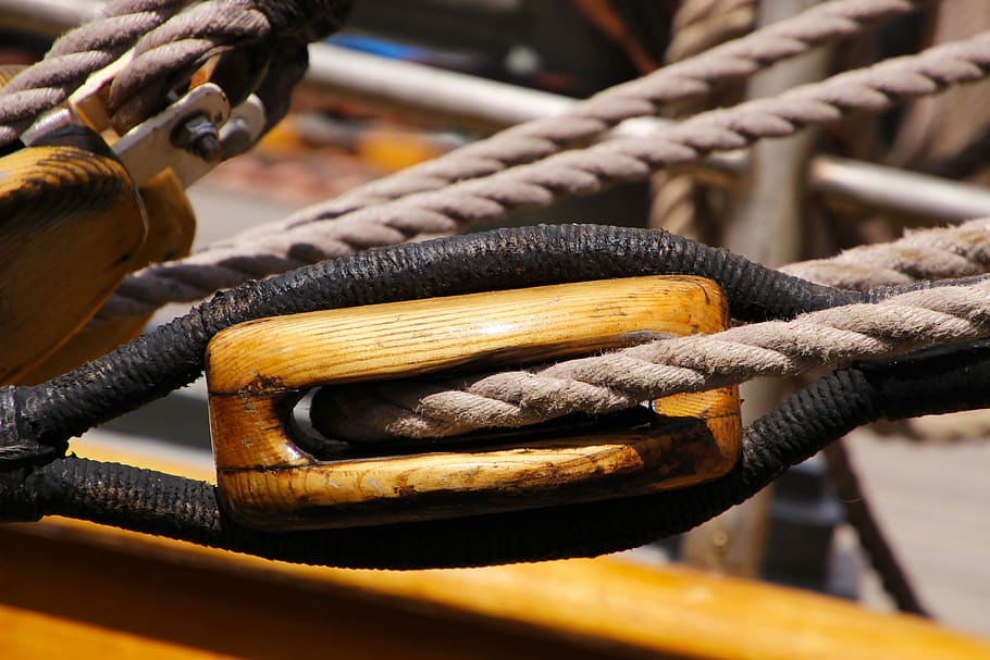 brown, rope, Pulley, Block, Equipment, rigging, sailboat, vessel, yacht, ship