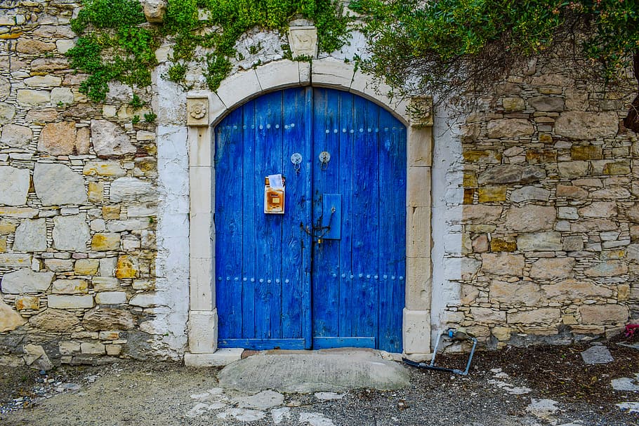 tertutup, biru, kayu, prancis, pintu, siang hari, pintu masuk, dinding, arsitektur, tradisional