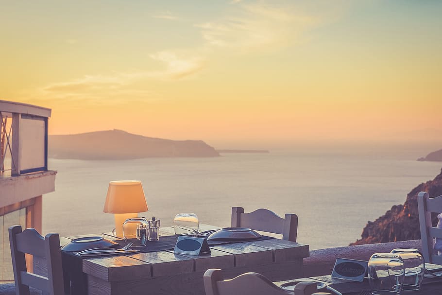 夕食, 設定, レストラン, 海岸, 美しい, ギリシャ, 食べ物/飲み物, 食べ物, 休日, 日没