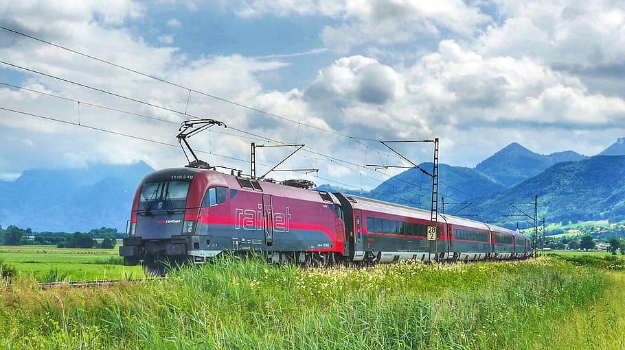 sky, industry, transport system, train, railway, travel, locomotive, mountains, clouds, mode of transportation