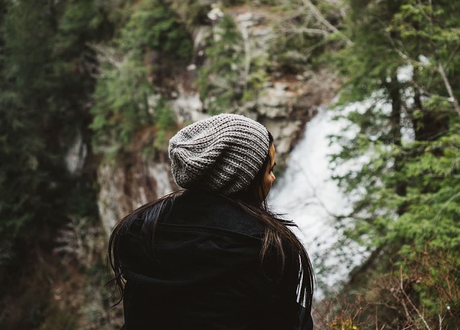 people, girl, thinking, alone, cold, jacket, cap, nature, mountain, trees