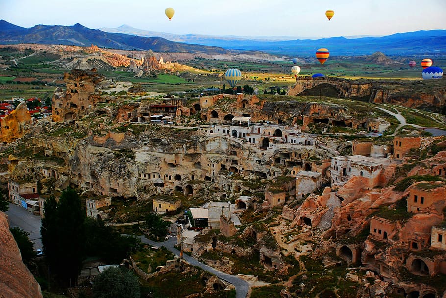 hot-air, balloons, city ruins, cityscape, baloon, cappadocia, cave, travel, turkey, stone