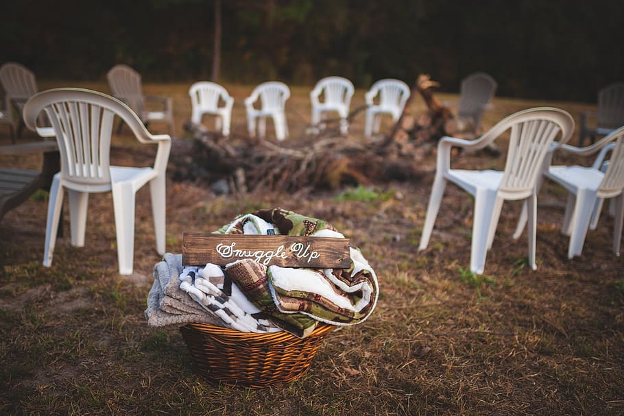 blanket, outdoor, camp, bonfire, chairs, nature, woods, forest, grass, basket