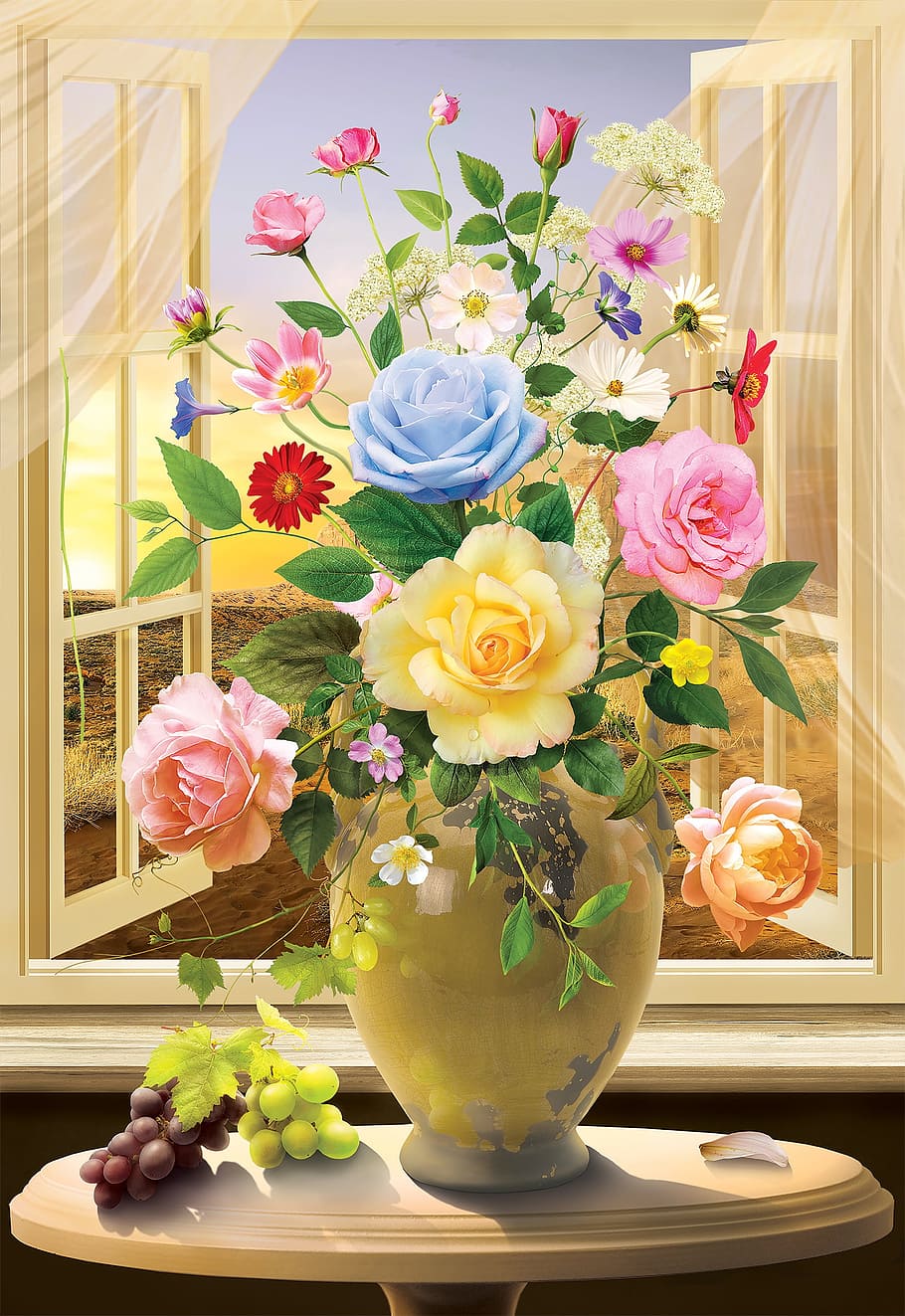 blue, yellow, flowers painting, flower, vase, ornament, plant still life, flowering plant, plant, freshness