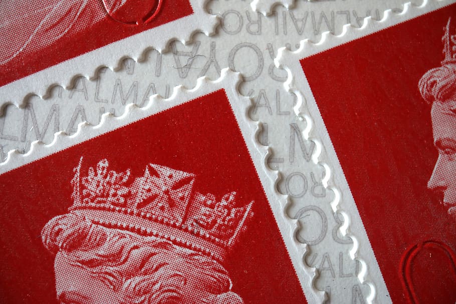 stamp, queen, philately, england, red, close-up, white color, celebration, indoors, pattern