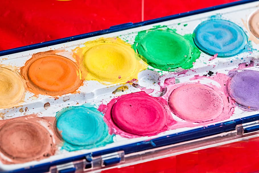assorted-color palette, palette, brush, paint box, color, watercolor, colorful, creative, paintbox, paintbrush