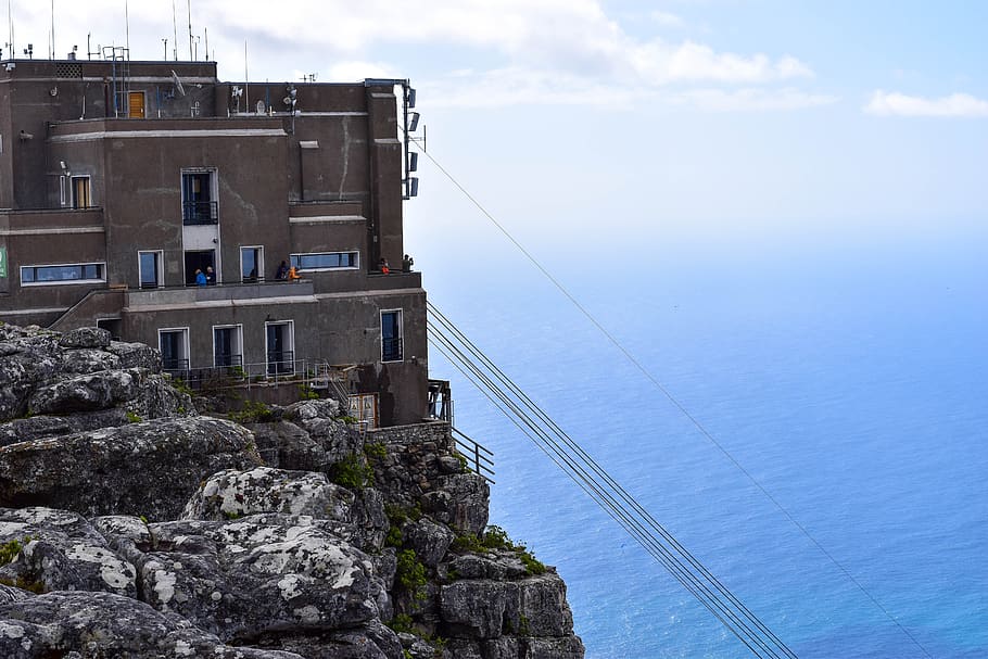 aerial from table mountain, south africa, cape town, vistor center, sky, ocean, built structure, architecture, building exterior, sea