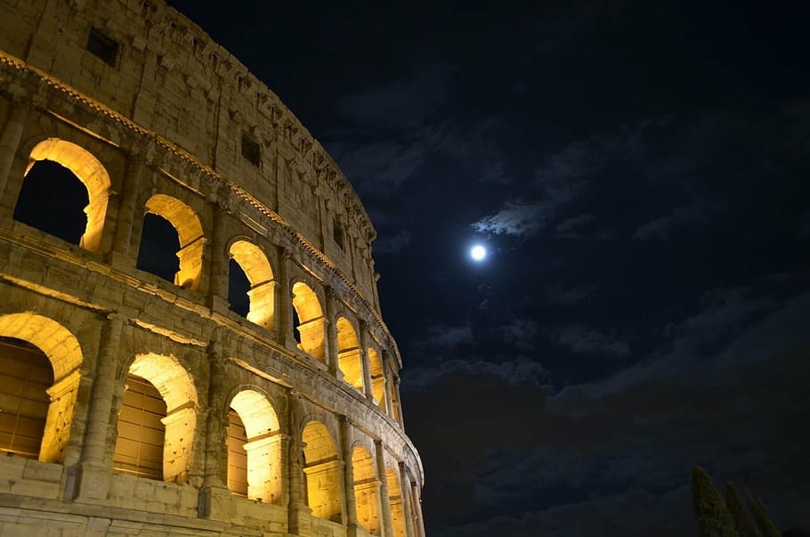beige, stone building, daytime, luna, colosseum, rome, night, ancient rome, culture, roman coliseum