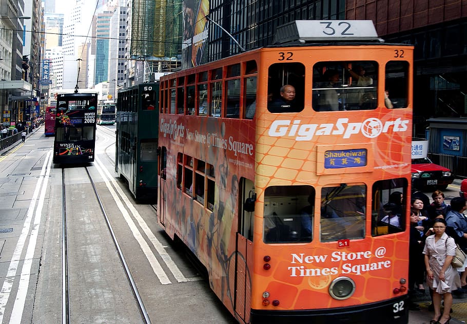 Tranvías, Hong Kong, dobule, decker, autobús, carretera, tranvía, transporte, modo de transporte, transporte público