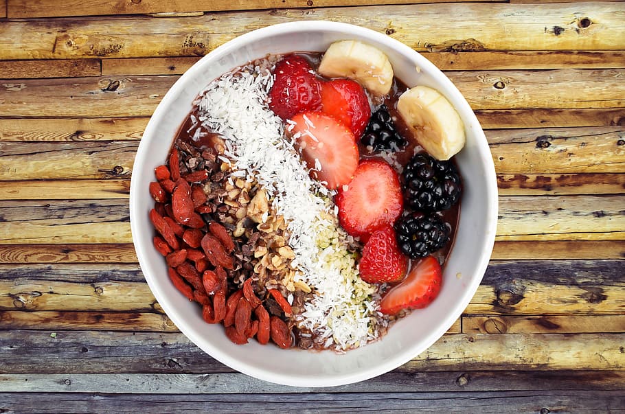 bowl, berries, banana, nuts, bowl of fruit, breakfast, food, organic, diet, healthy