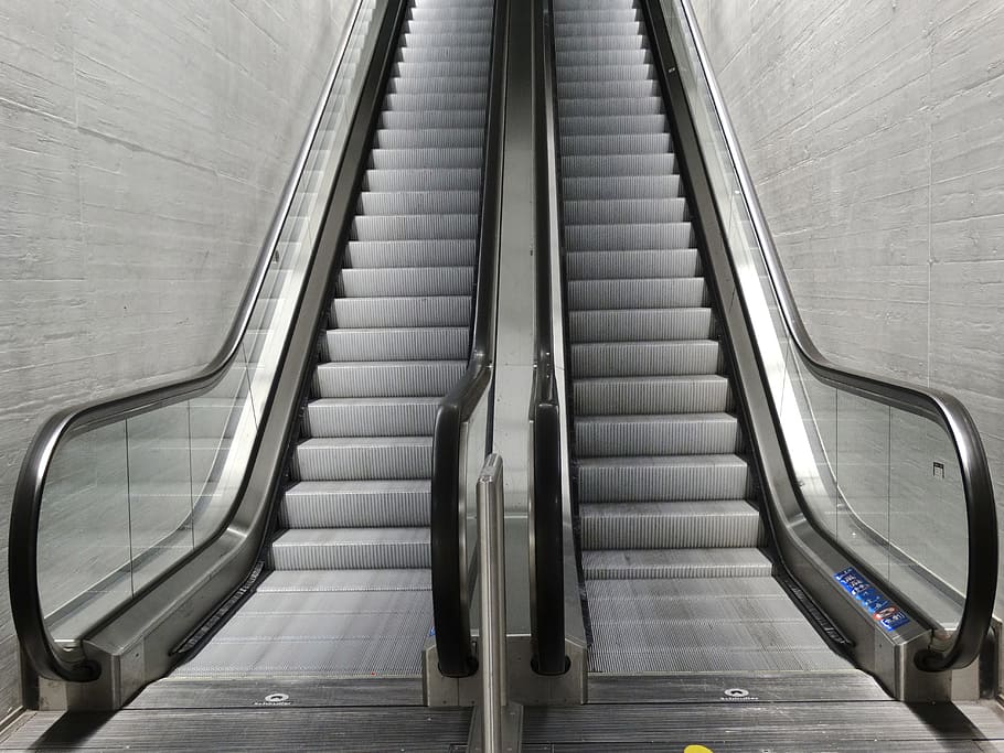 two gray escalators, escalator, rise, top, climbing aid, movement, technology, metro, staircase, steps and staircases