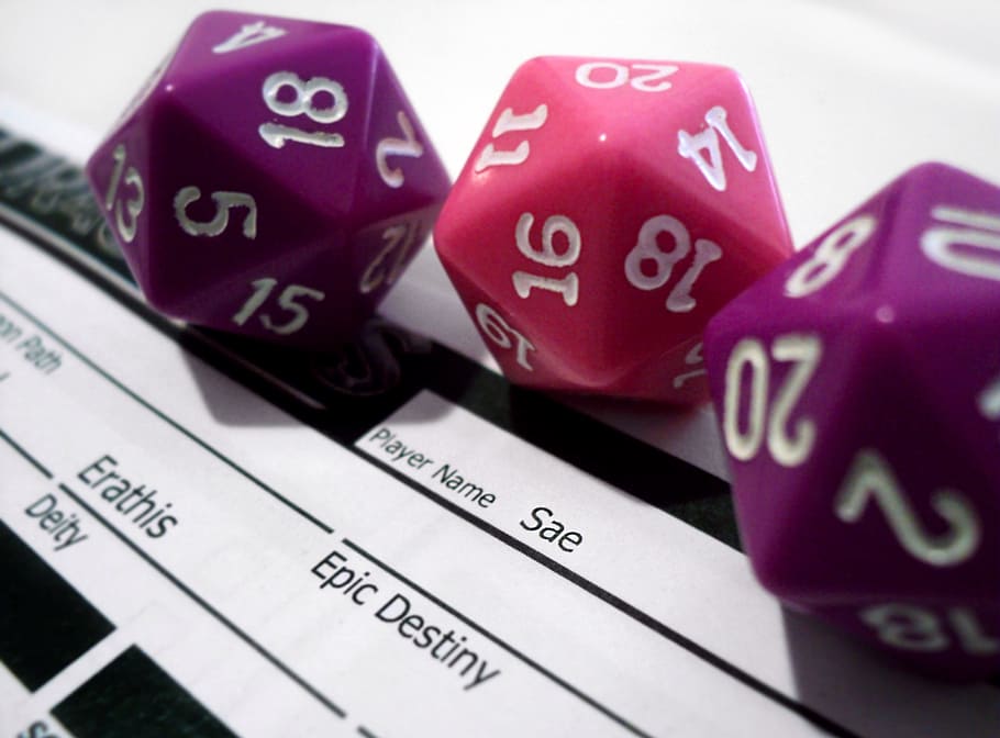 close-up photography, three, assorted-color dice, rpg, game, play, dice, dungeons, dragons, die