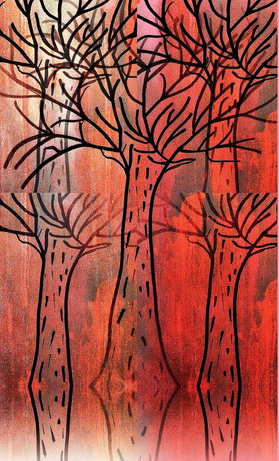 modern art, painting, trees, forest, grow, red, art, abstract, full frame, backgrounds