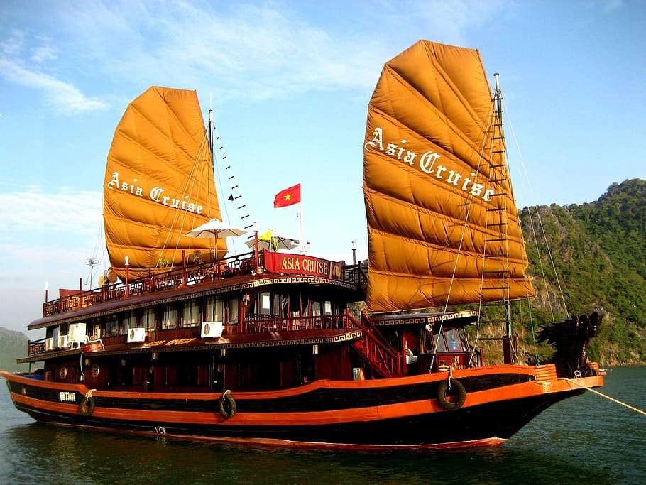 naranja, negro, barco de cruceros de asia, barco vietnamita, barco, crucero, bahía de halong, viaje, recorrido, visita del sitio
